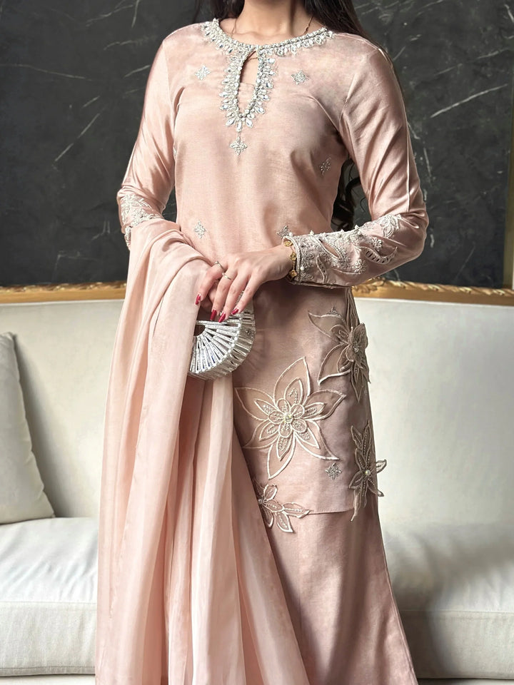 Scherezade Women RTW Embroidered Sheesha Silk 3 Piece Suit VANILLA - Festive Collection