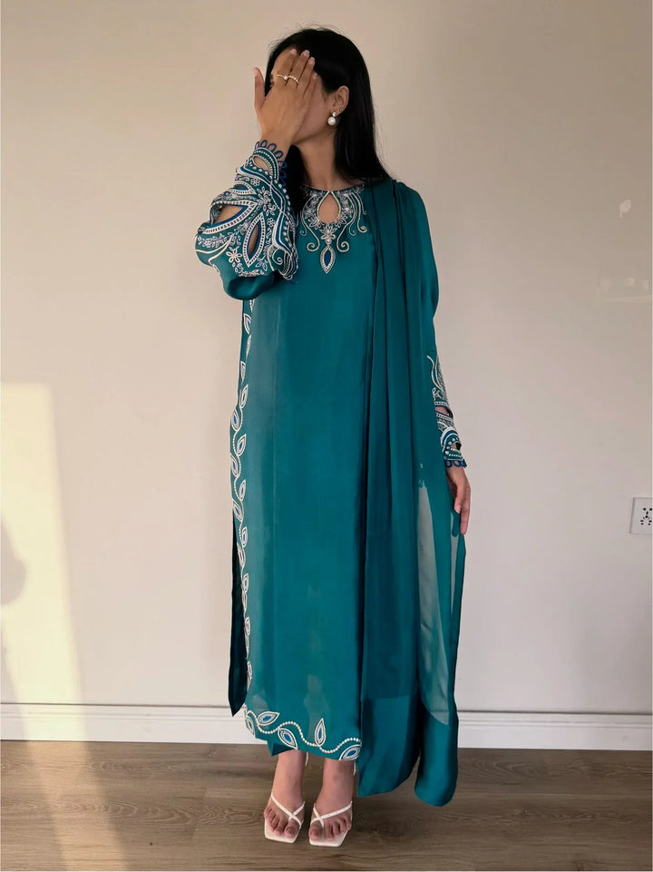 Scherezade Women RTW Embroidered Sheesha Silk 3 Piece Suit LEENA - Festive Collection
