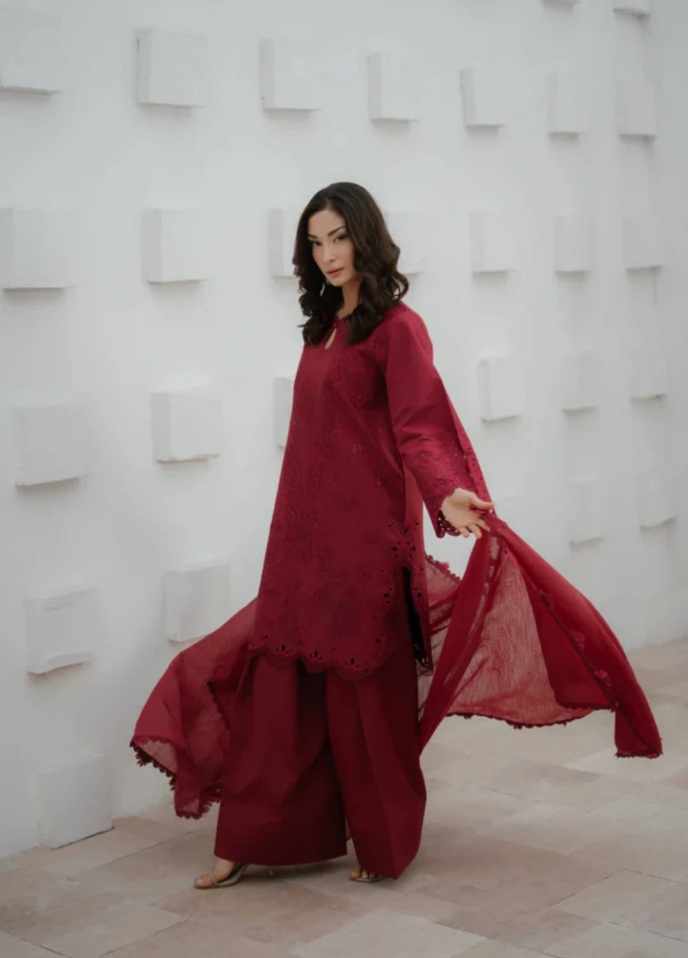 Manara by Maria RTW Embroidered Chiffon 3 Piece Suit CRIMSON Festive Collection