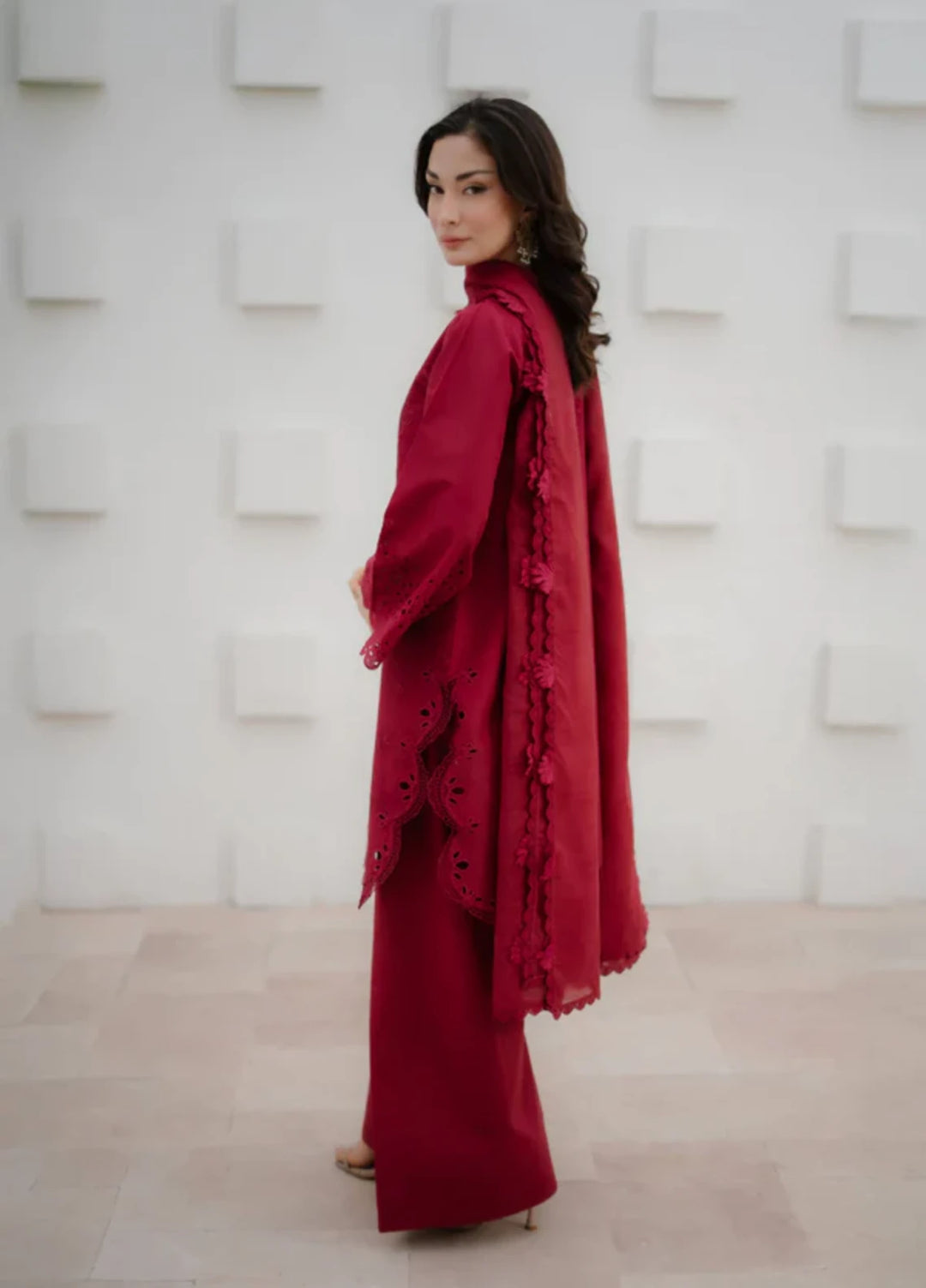 Manara by Maria RTW Embroidered Chiffon 3 Piece Suit CRIMSON Festive Collection