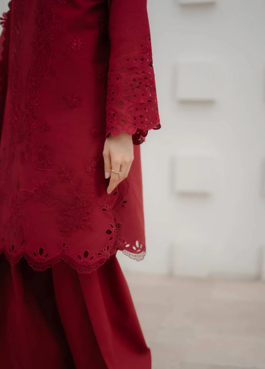 Manara by Maria RTW Embroidered Chiffon 3 Piece Suit CRIMSON Festive Collection