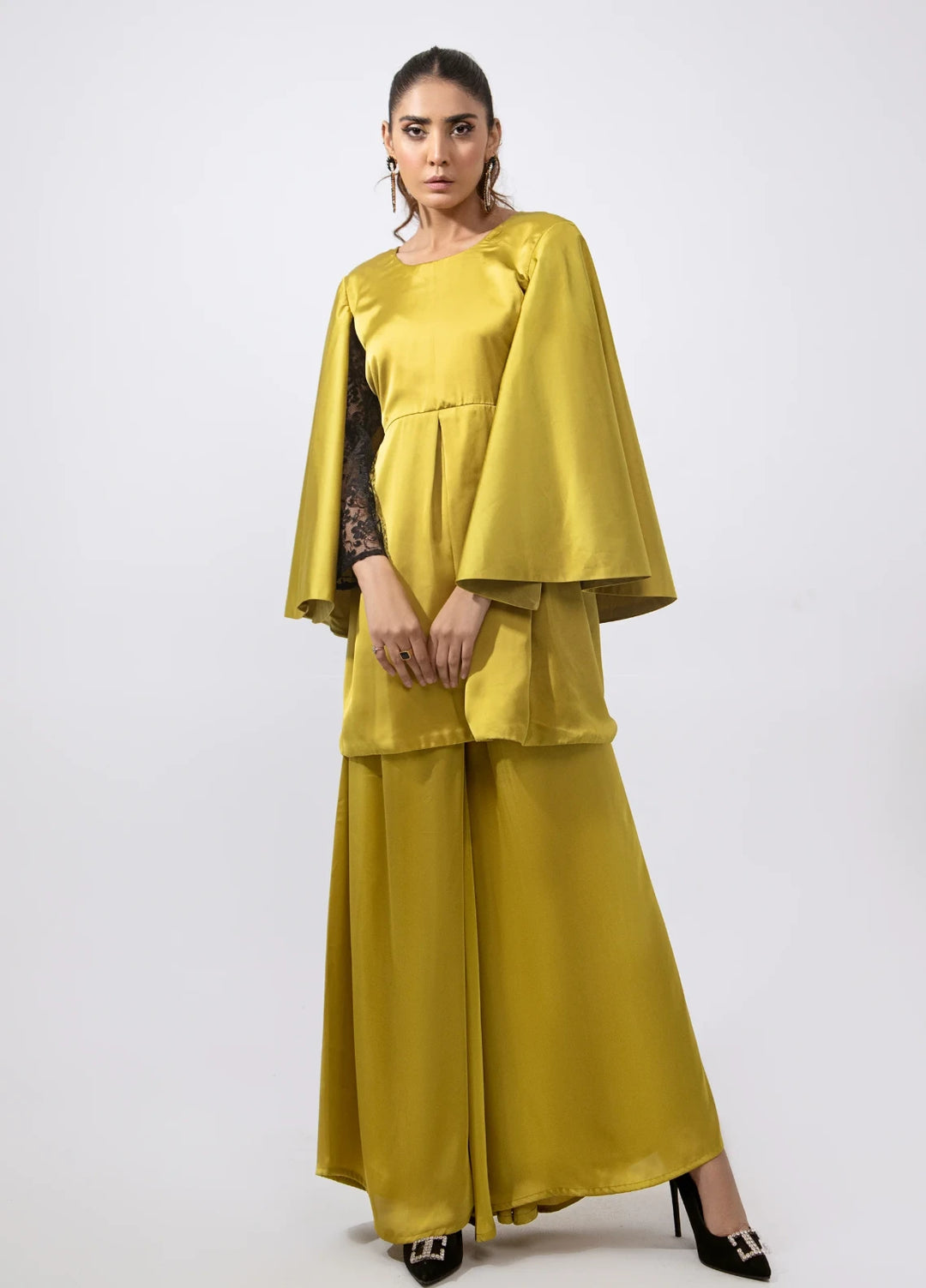 Mehr by Syah Women RTW Solids Silk 1 Piece Suit Bell Sleeves Top with Palazzo Festive Collection