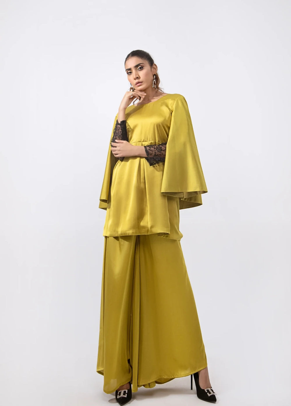 Mehr by Syah Women RTW Solids Silk 1 Piece Suit Bell Sleeves Top with Palazzo Festive Collection