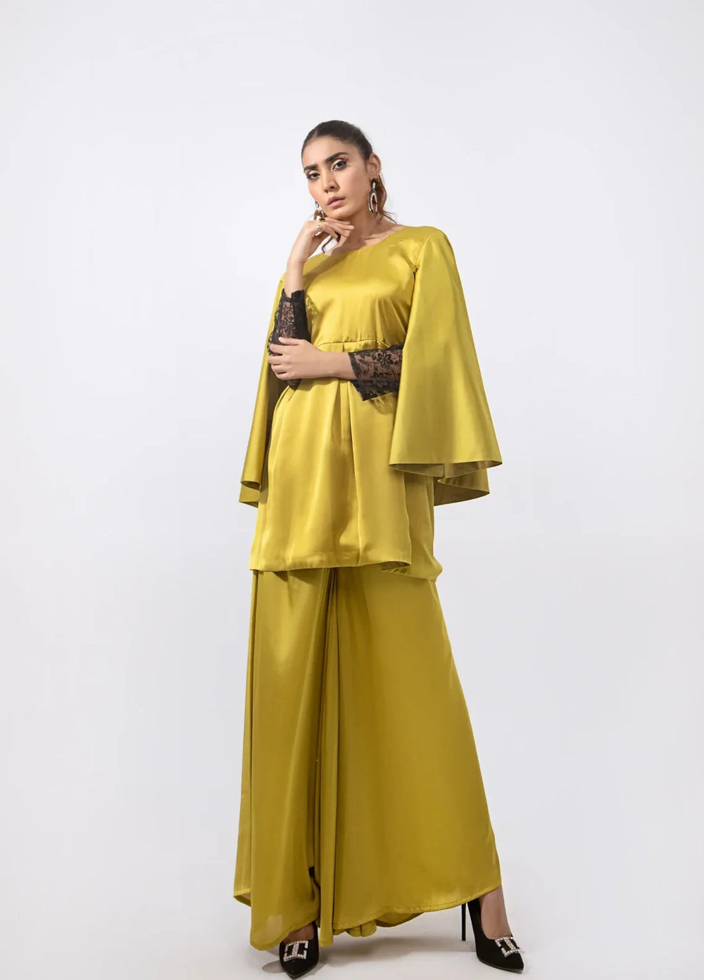 Mehr by Syah Women RTW Solids Silk 1 Piece Suit Bell Sleeves Top with Palazzo Festive Collection