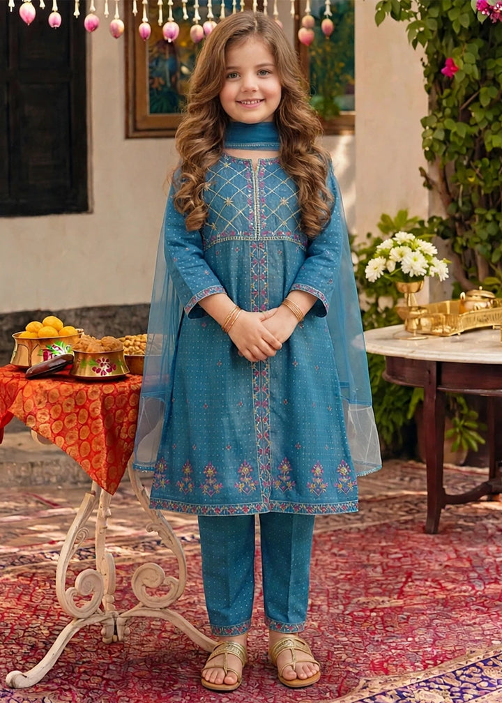 Modest Girls RTW Embroidered Cotton 3 Piece Suit Blue Festive Collection