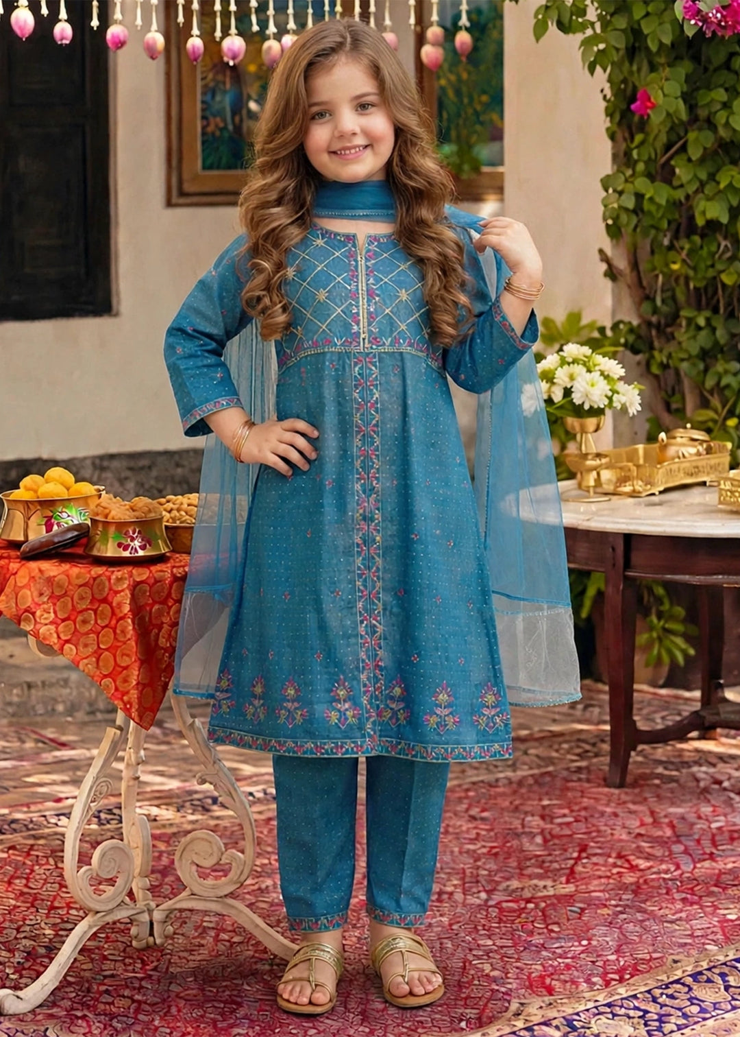 Modest Girls RTW Embroidered Cotton 3 Piece Suit Blue Festive Collection
