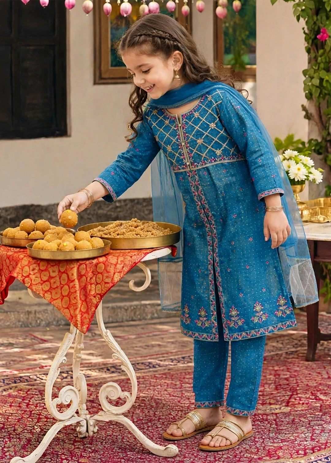 Modest Girls RTW Embroidered Cotton 3 Piece Suit Blue Festive Collection