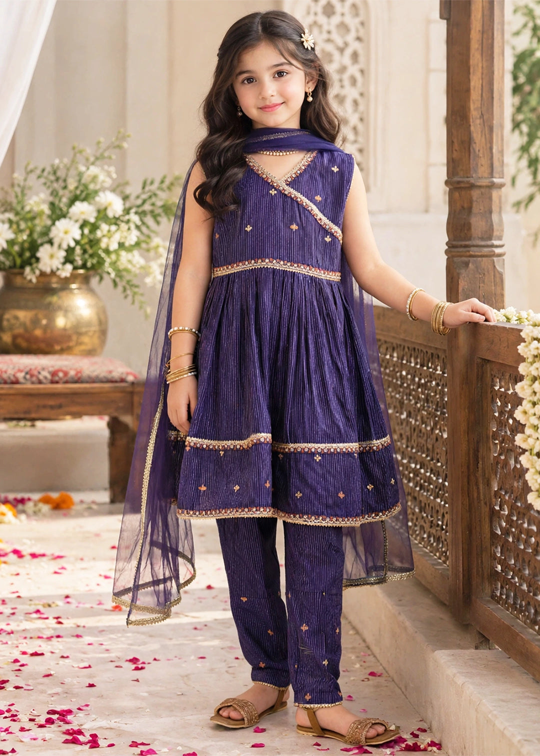 Modest Girls RTW Embroidered Cotton 3 Piece Suit Navy Blue Festive Collection