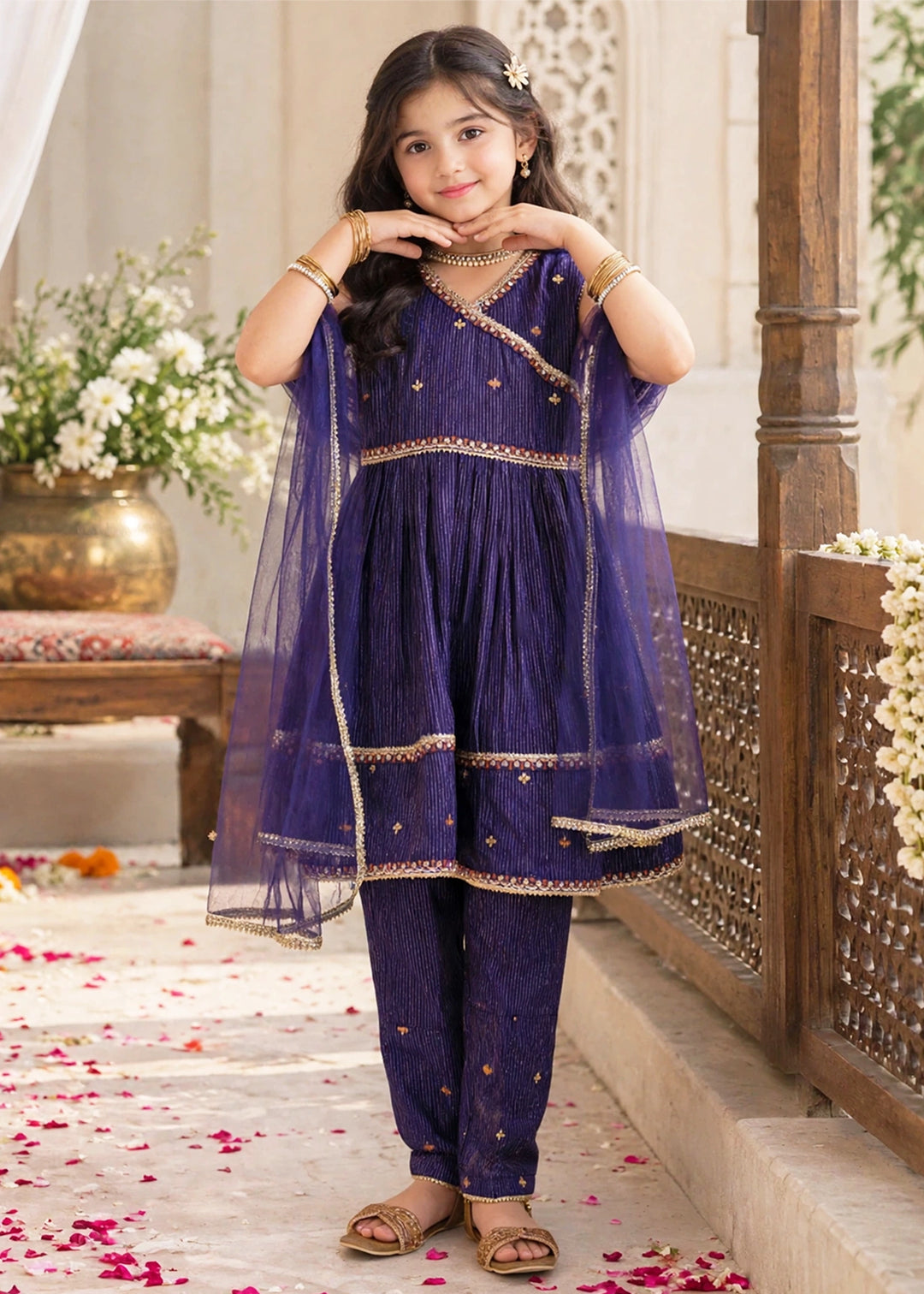 Modest Girls RTW Embroidered Cotton 3 Piece Suit Navy Blue Festive Collection