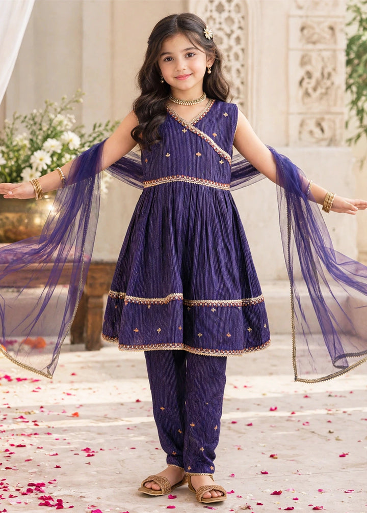 Modest Girls RTW Embroidered Cotton 3 Piece Suit Navy Blue Festive Collection