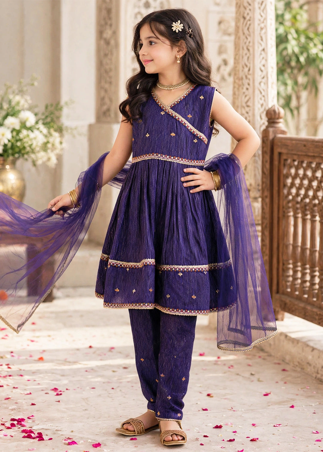 Modest Girls RTW Embroidered Cotton 3 Piece Suit Navy Blue Festive Collection