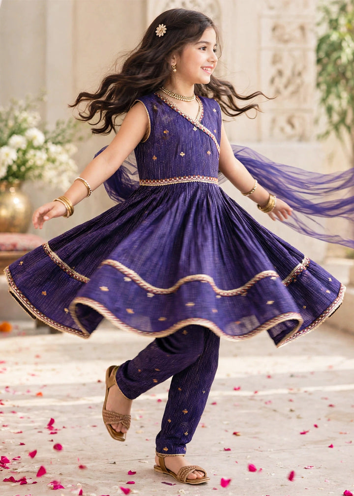 Modest Girls RTW Embroidered Cotton 3 Piece Suit Navy Blue Festive Collection