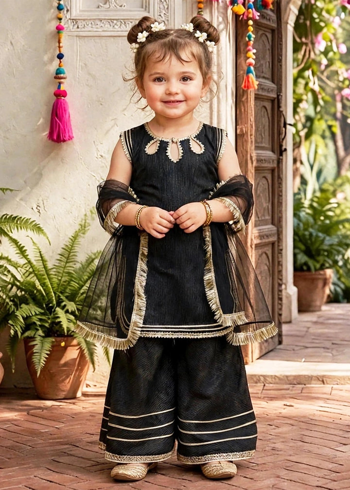 Modest Girls RTW Embroidered Cotton 3 Piece Suit Black Festive Collection