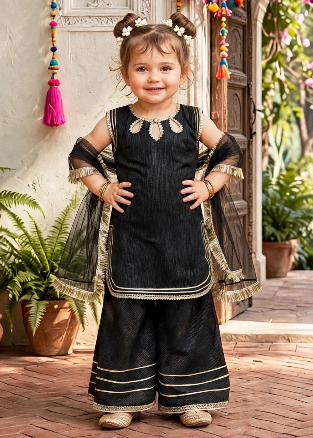 Modest Girls RTW Embroidered Cotton 3 Piece Suit Black Festive Collection
