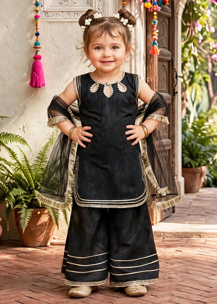 Modest Girls RTW Embroidered Cotton 3 Piece Suit Black Festive Collection