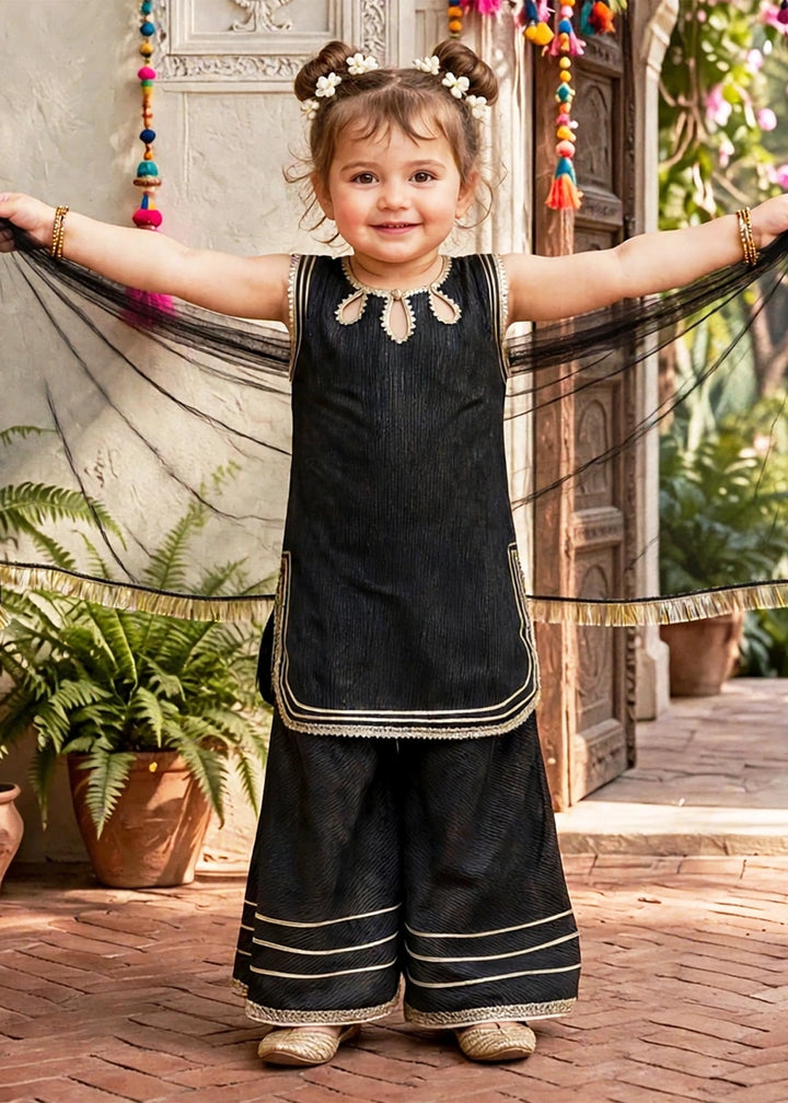 Modest Girls RTW Embroidered Cotton 3 Piece Suit Black Festive Collection