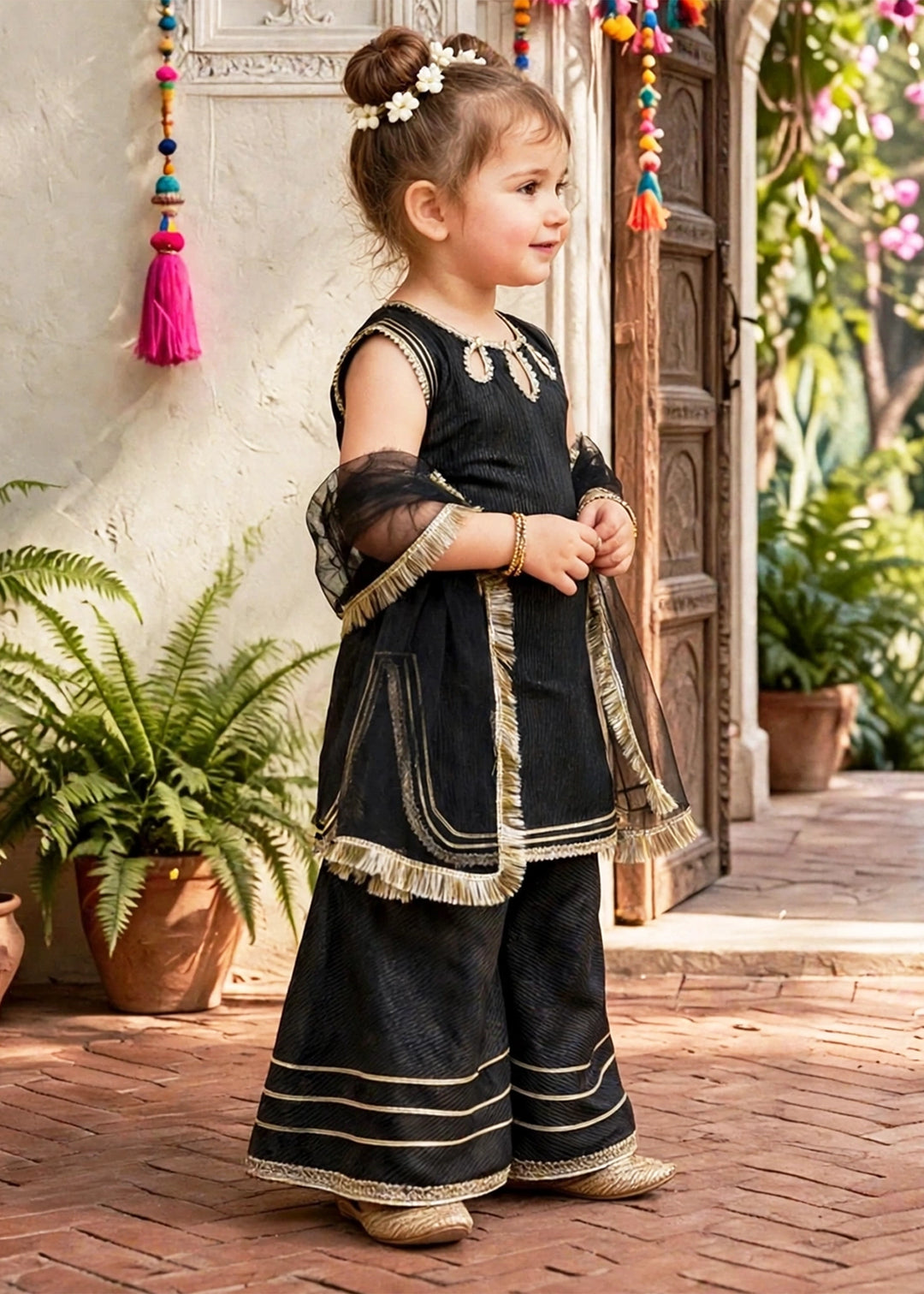 Modest Girls RTW Embroidered Cotton 3 Piece Suit Black Festive Collection