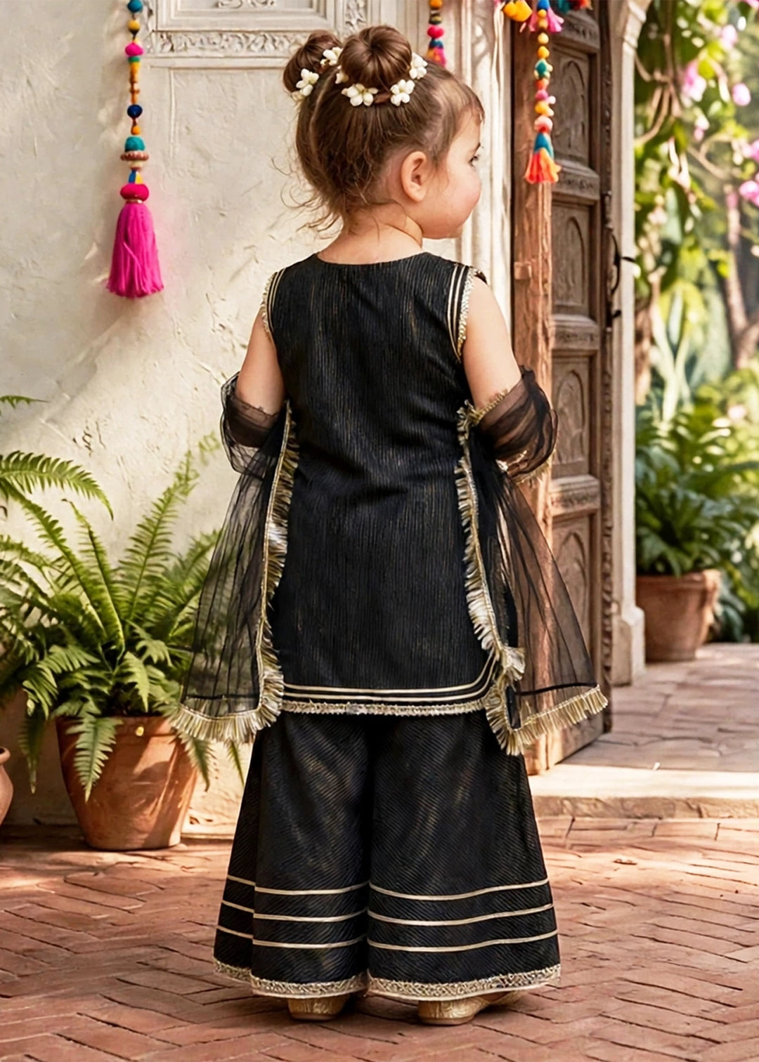 Modest Girls RTW Embroidered Cotton 3 Piece Suit Black Festive Collection