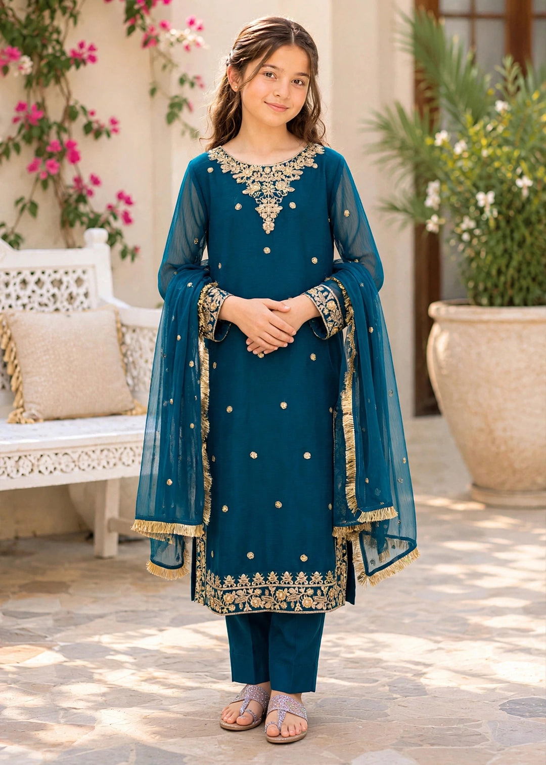 Modest Girls RTW Embroidered Crinkle 3 Piece Suit Blue-C1 Festive Collection