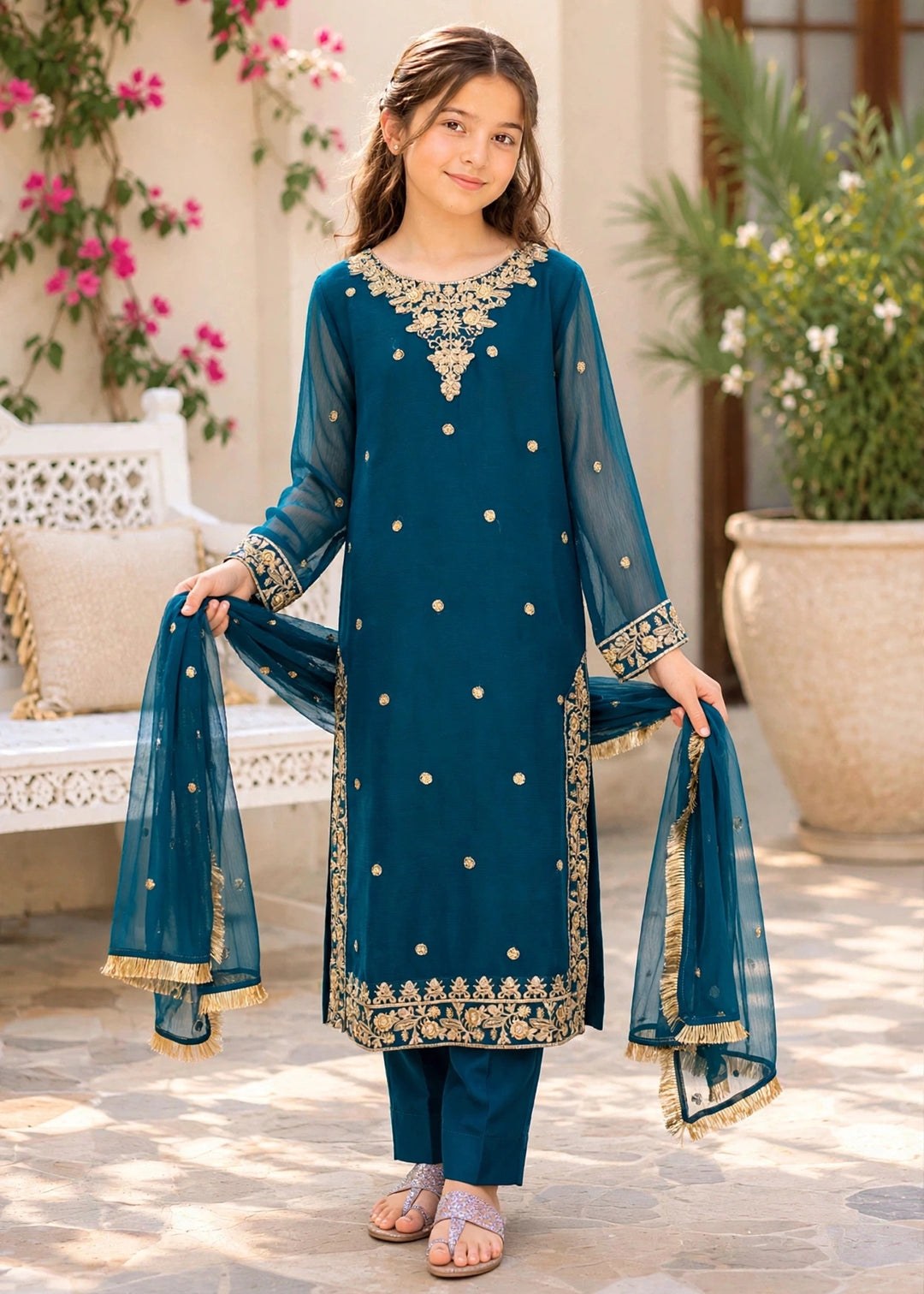 Modest Girls RTW Embroidered Crinkle 3 Piece Suit Blue-C1 Festive Collection