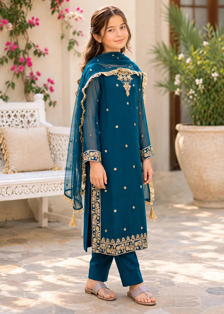 Modest Girls RTW Embroidered Crinkle 3 Piece Suit Blue-C1 Festive Collection