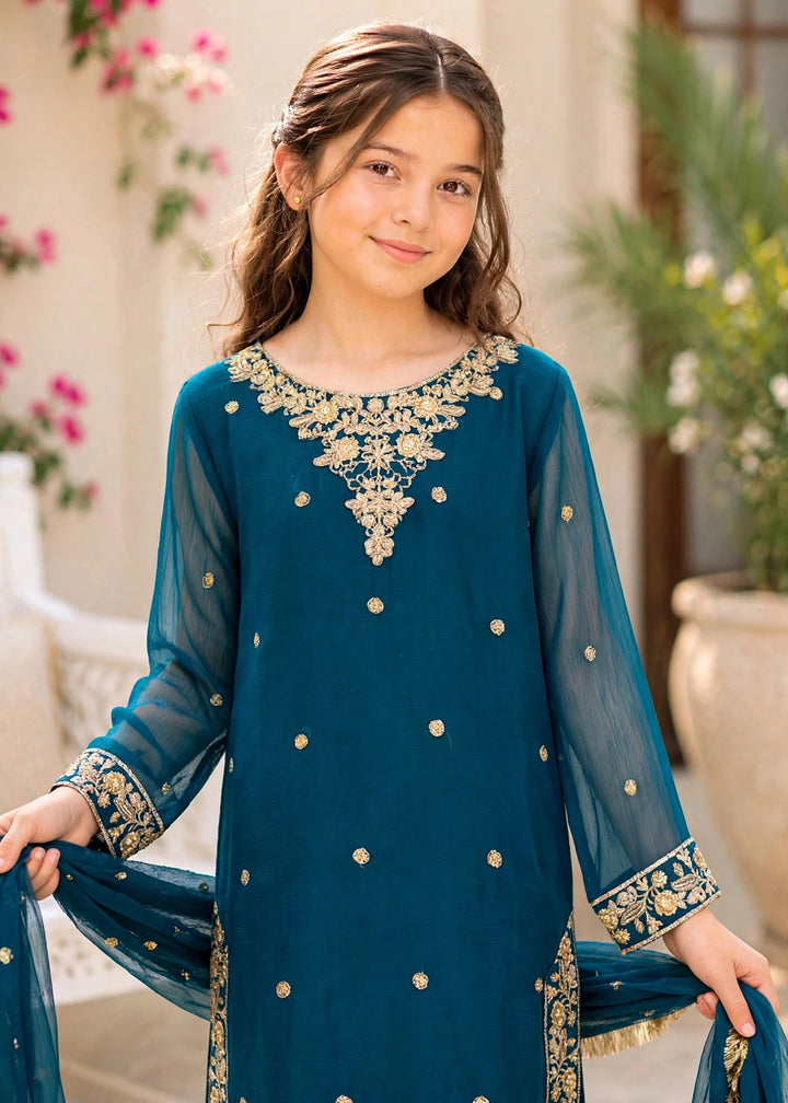 Modest Girls RTW Embroidered Crinkle 3 Piece Suit Blue-C1 Festive Collection