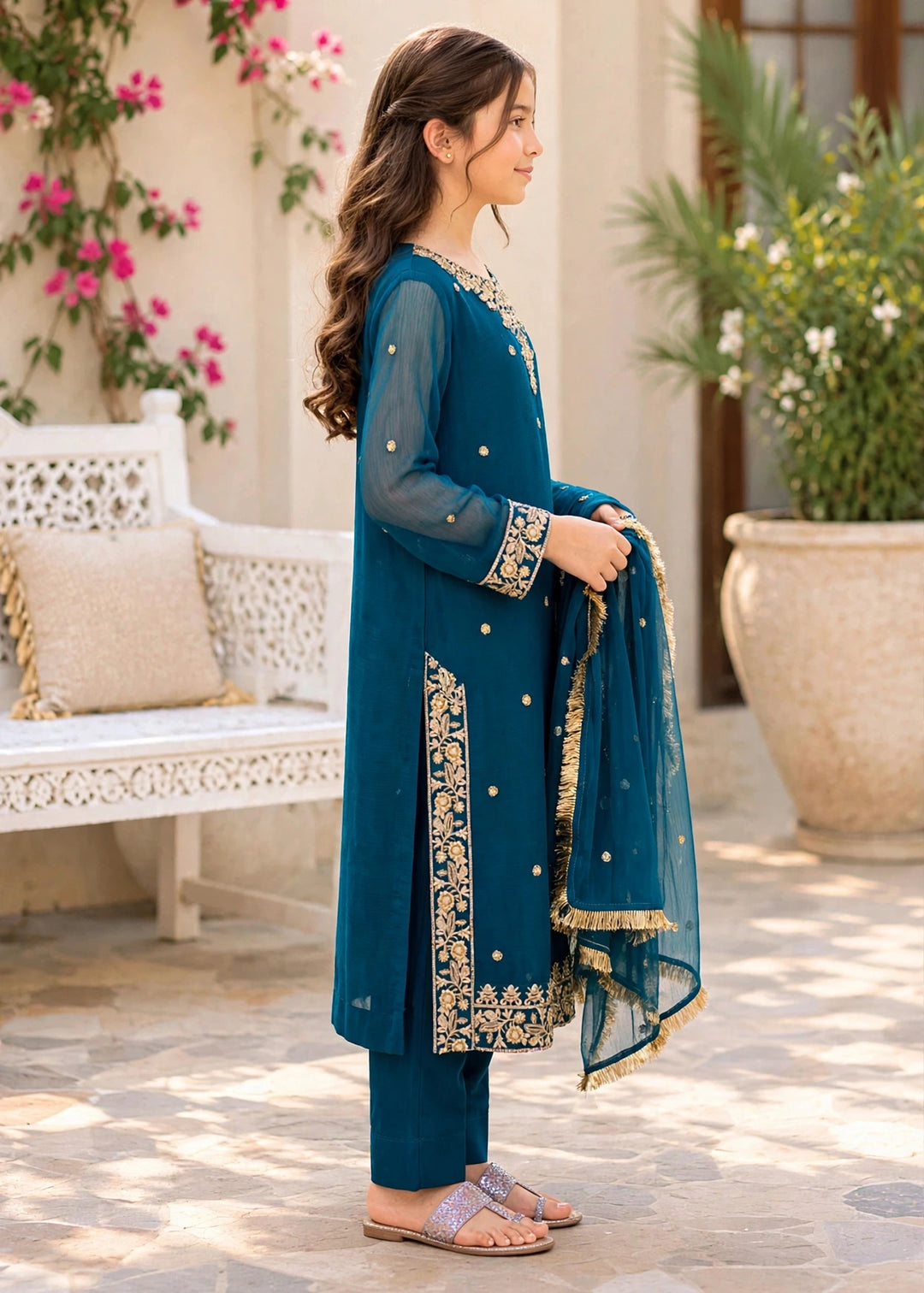 Modest Girls RTW Embroidered Crinkle 3 Piece Suit Blue-C1 Festive Collection