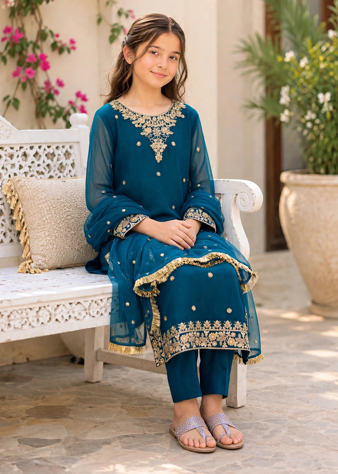 Modest Girls RTW Embroidered Crinkle 3 Piece Suit Blue-C1 Festive Collection