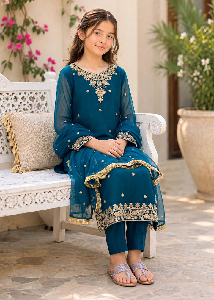 Modest Girls RTW Embroidered Crinkle 3 Piece Suit Blue-C1 Festive Collection