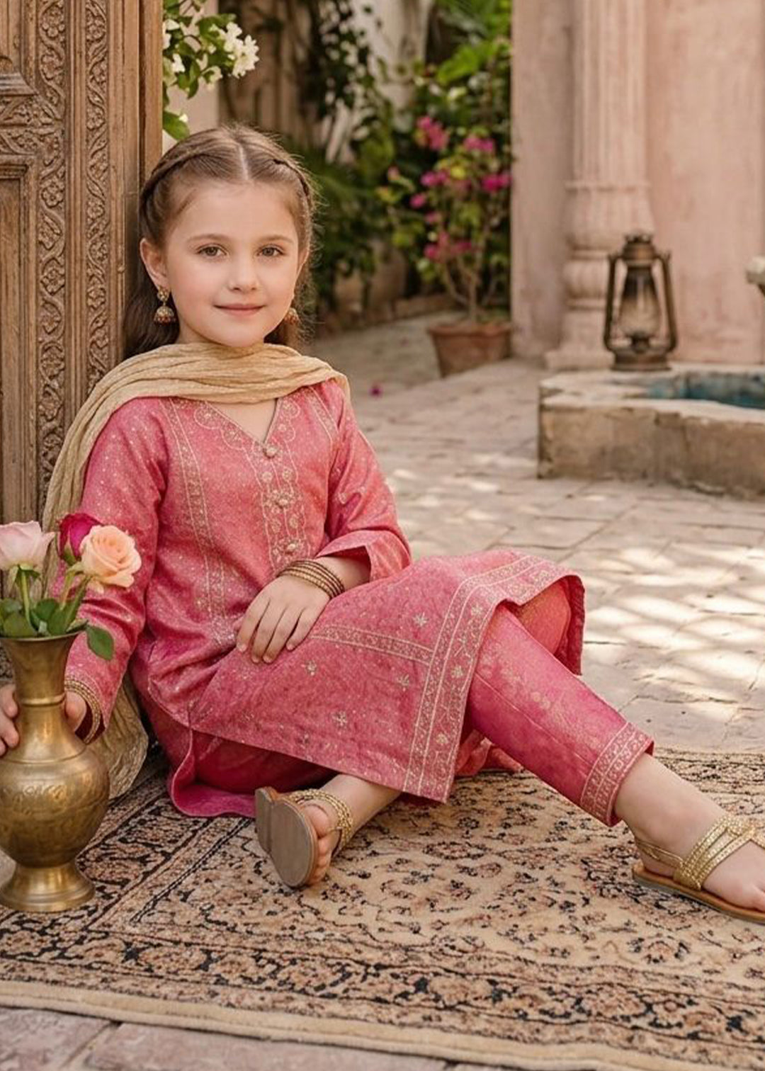 Modest Girls RTW Embroidered Mesuri 3 Piece Suit Pink-M1 Festive Collection