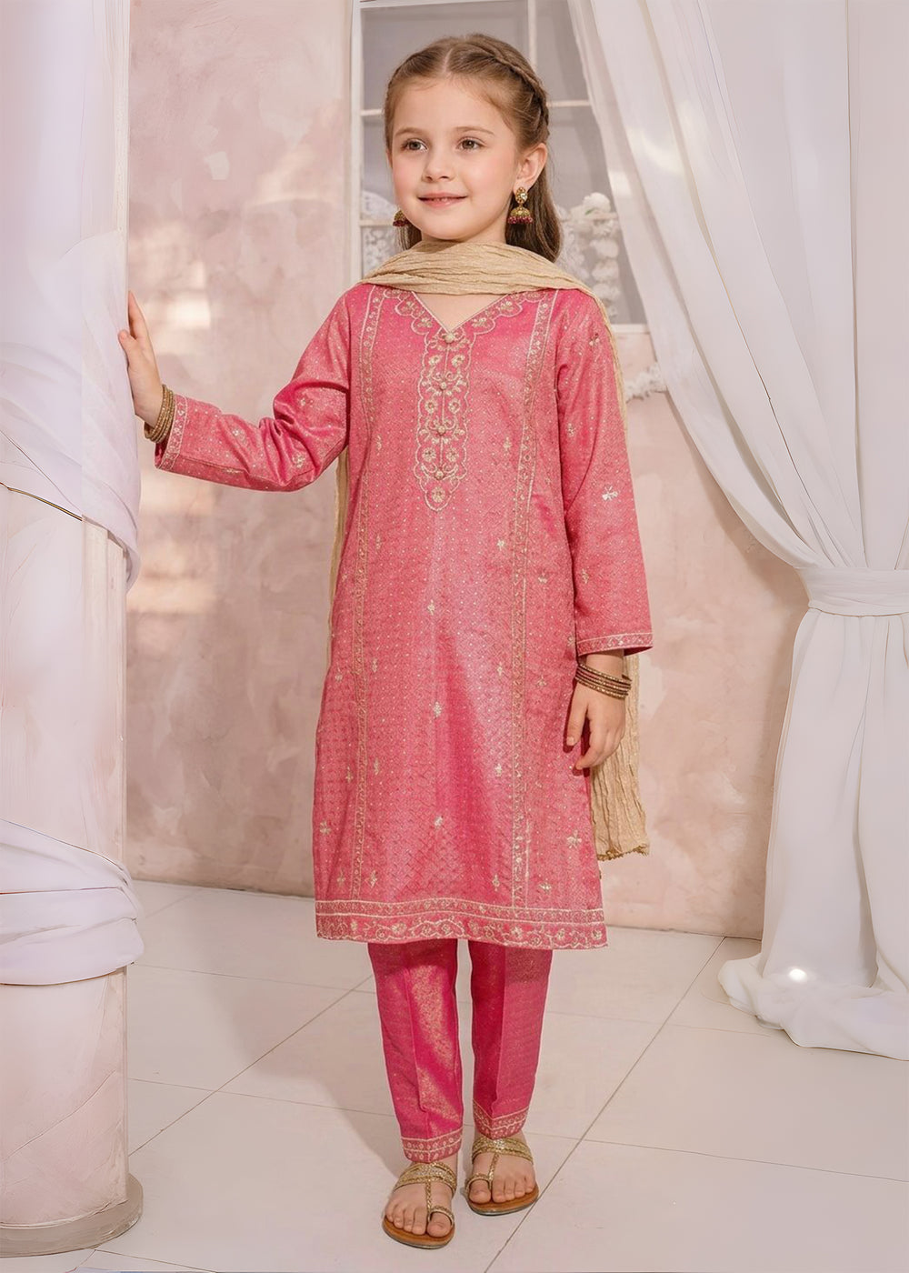 Modest Girls RTW Embroidered Mesuri 3 Piece Suit Pink-M1 Festive Collection