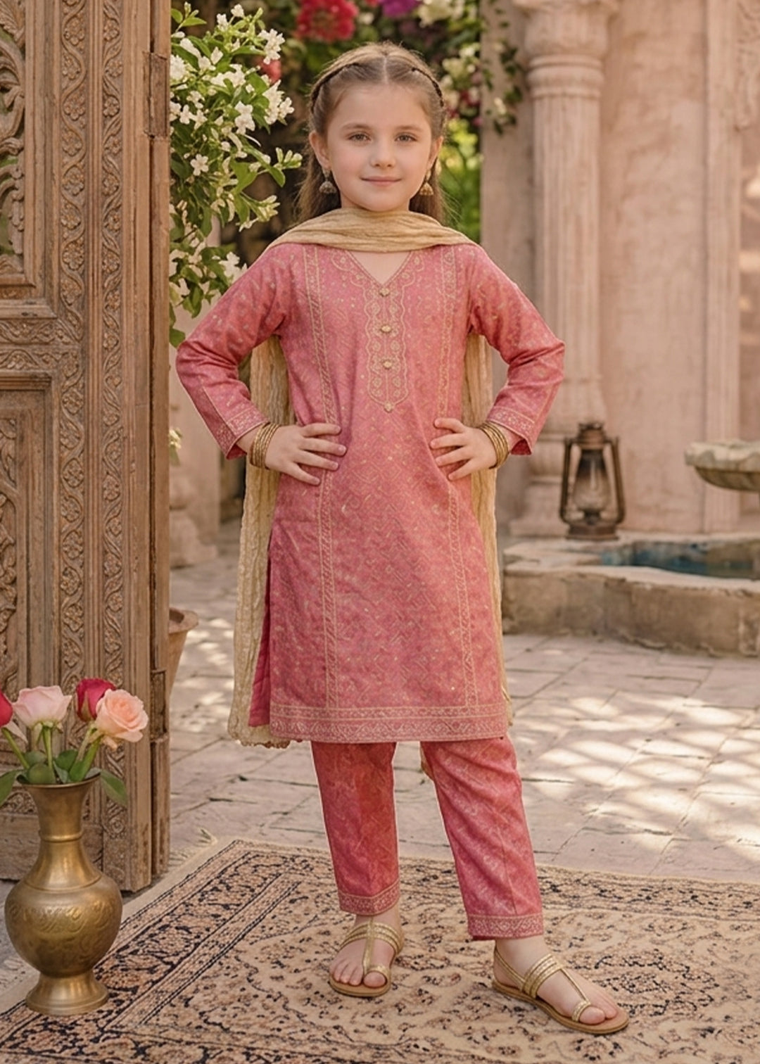 Modest Girls RTW Embroidered Mesuri 3 Piece Suit Pink-M1 Festive Collection
