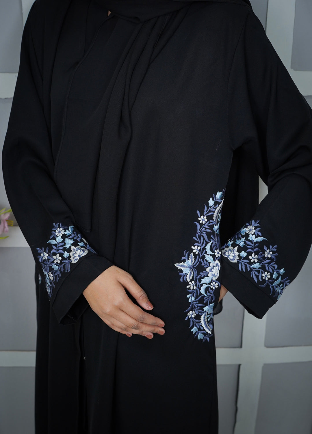Esmira by Clarity Glam Women RTW Embroidered Nada 2 Piece Auzre Abaya with Scarf Casual Collection