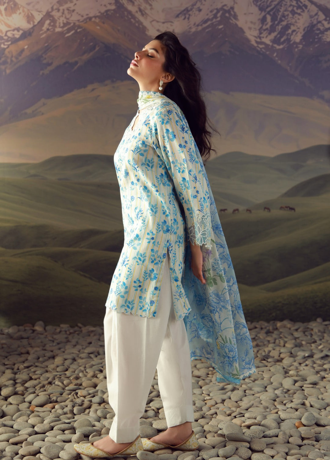 Sahar Unstitched Printed Lawn 3 Piece Suit Azure Jardin - Eid Collection