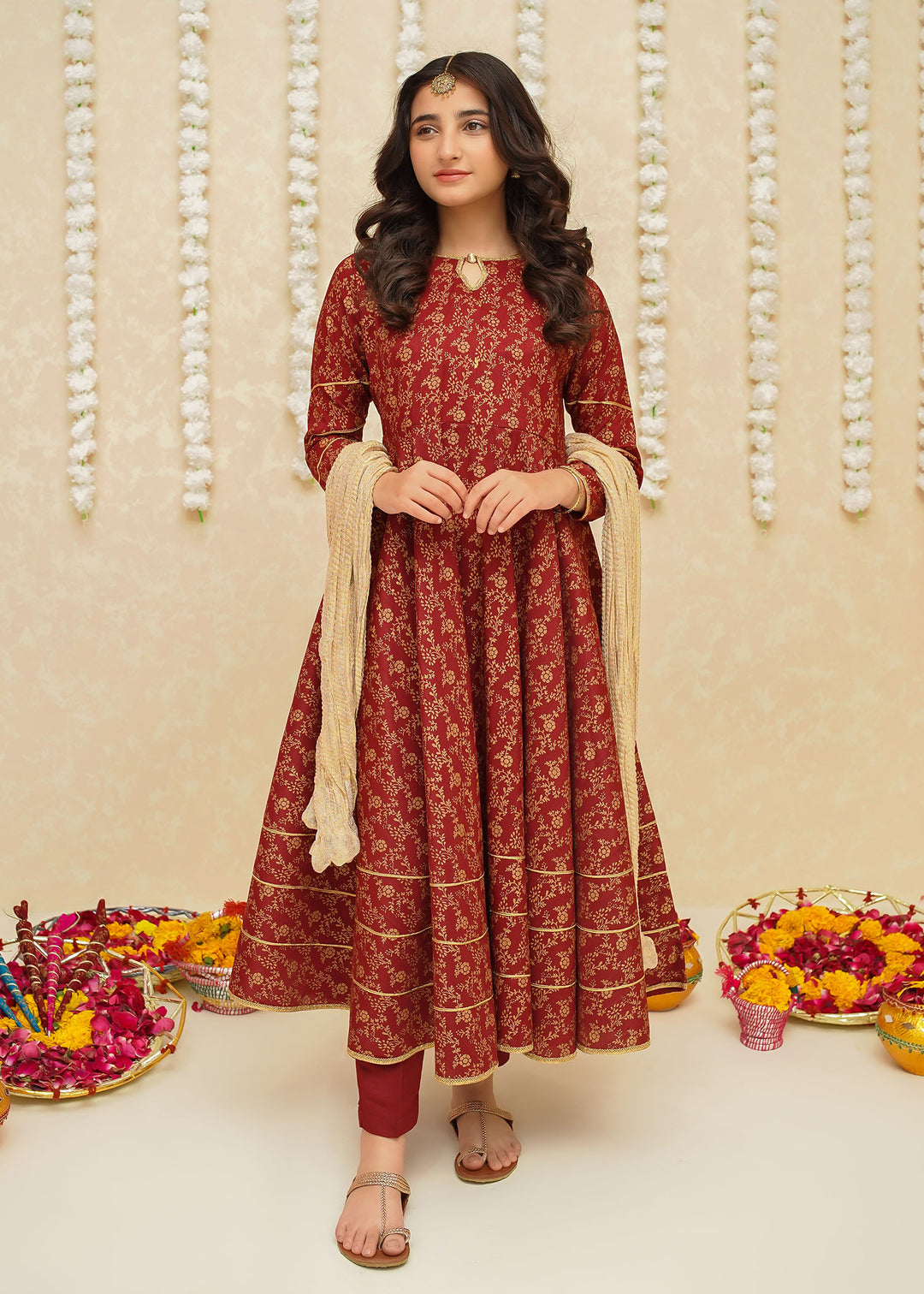 Modest Girls RTW Printed Silk 3 Piece Suit Maroon Frock Wedding Collection