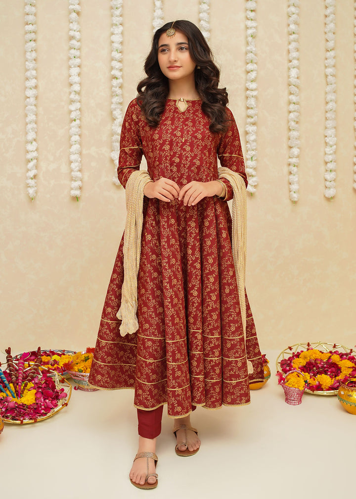 Modest Girls RTW Printed Silk 3 Piece Suit Maroon Frock Wedding Collection