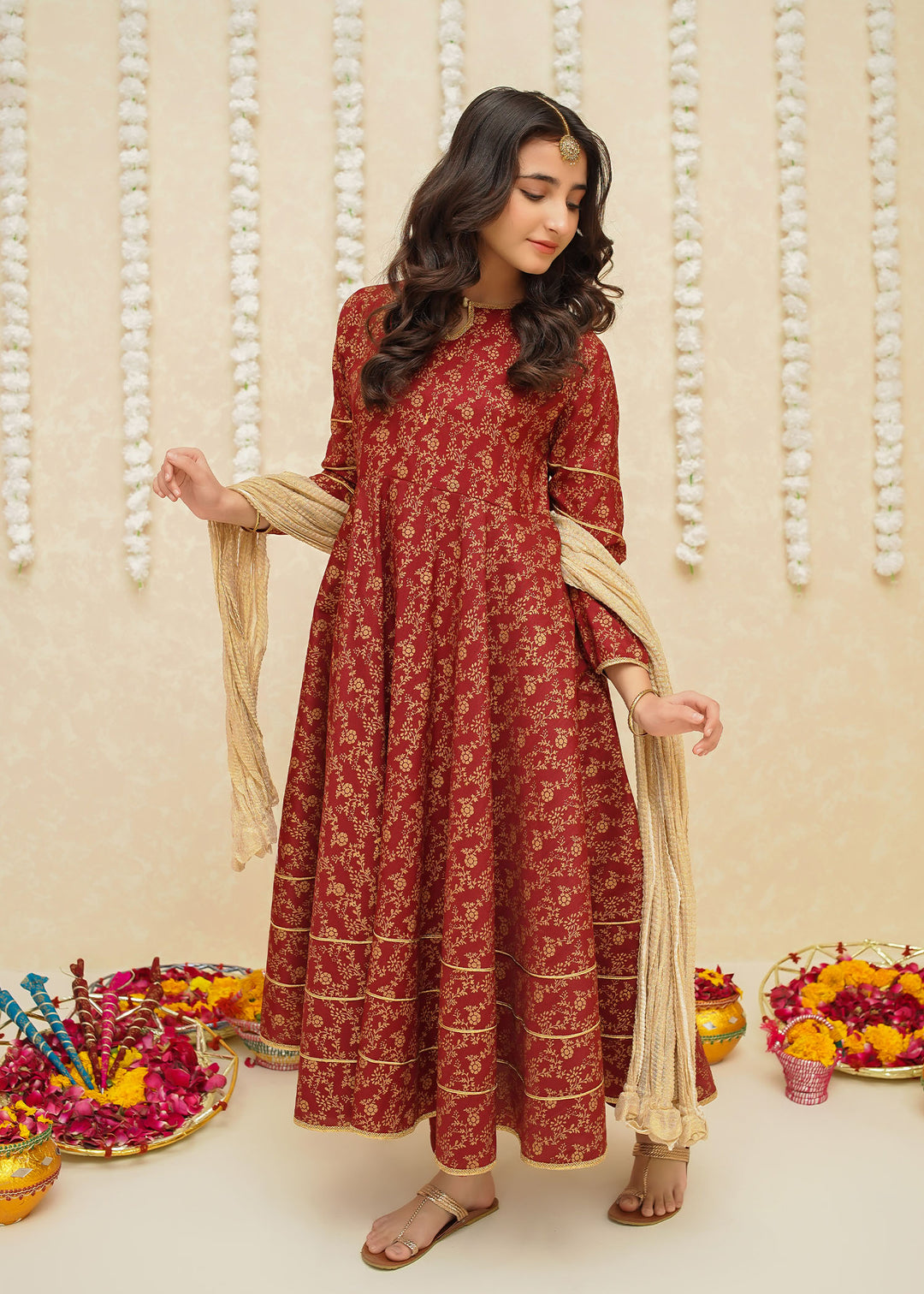 Modest Girls RTW Printed Silk 3 Piece Suit Maroon Frock Wedding Collection