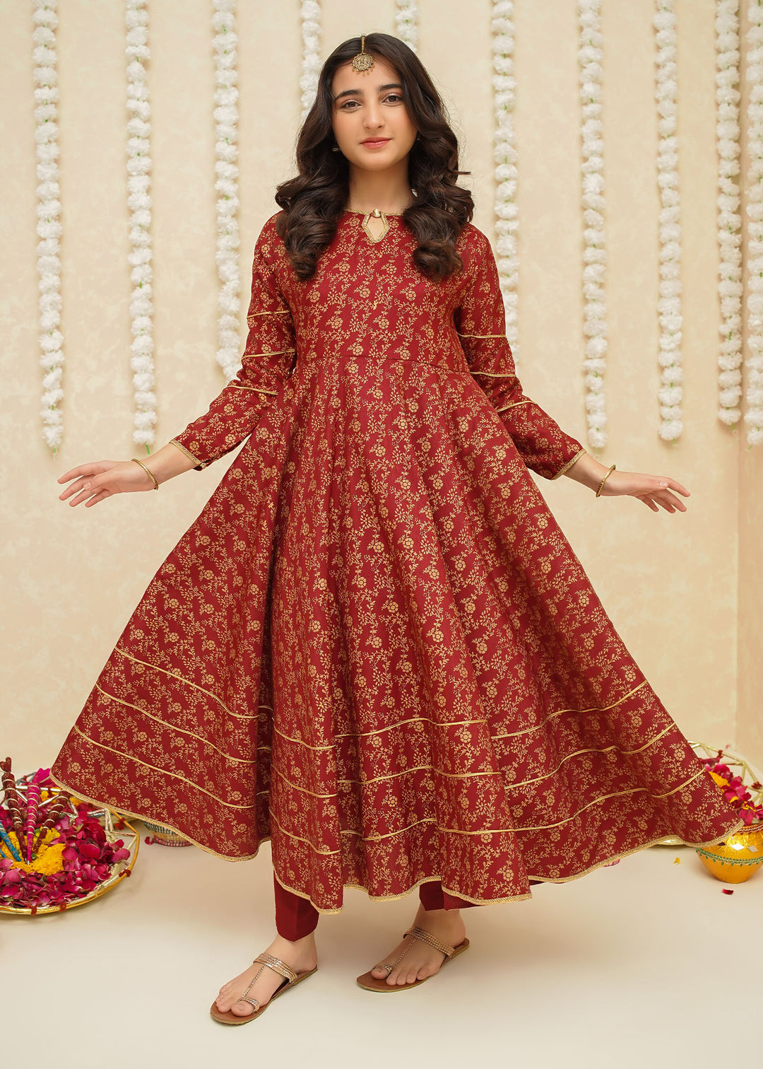Modest Girls RTW Printed Silk 3 Piece Suit Maroon Frock Wedding Collection
