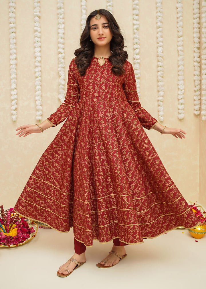 Modest Girls RTW Printed Silk 3 Piece Suit Maroon Frock Wedding Collection