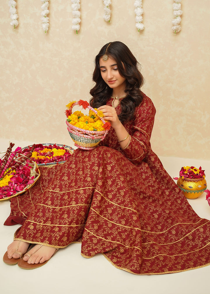 Modest Girls RTW Printed Silk 3 Piece Suit Maroon Frock Wedding Collection