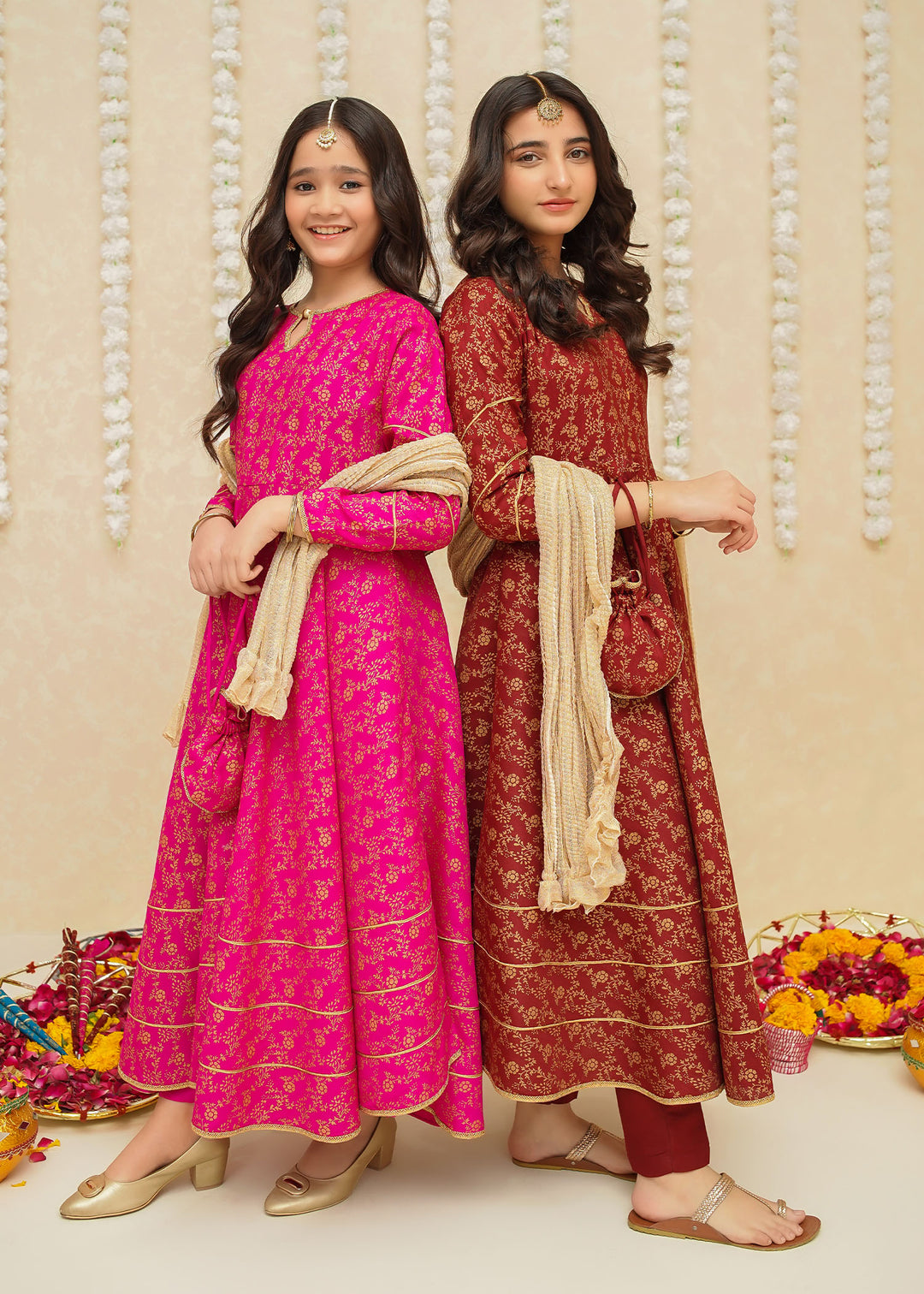 Modest Girls RTW Printed Silk 3 Piece Suit Maroon Frock Wedding Collection