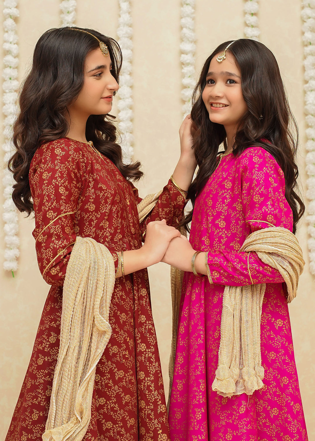 Modest Girls RTW Printed Silk 3 Piece Suit Maroon Frock Wedding Collection