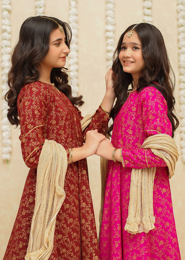 Modest Girls RTW Printed Silk 3 Piece Suit Maroon Frock Wedding Collection