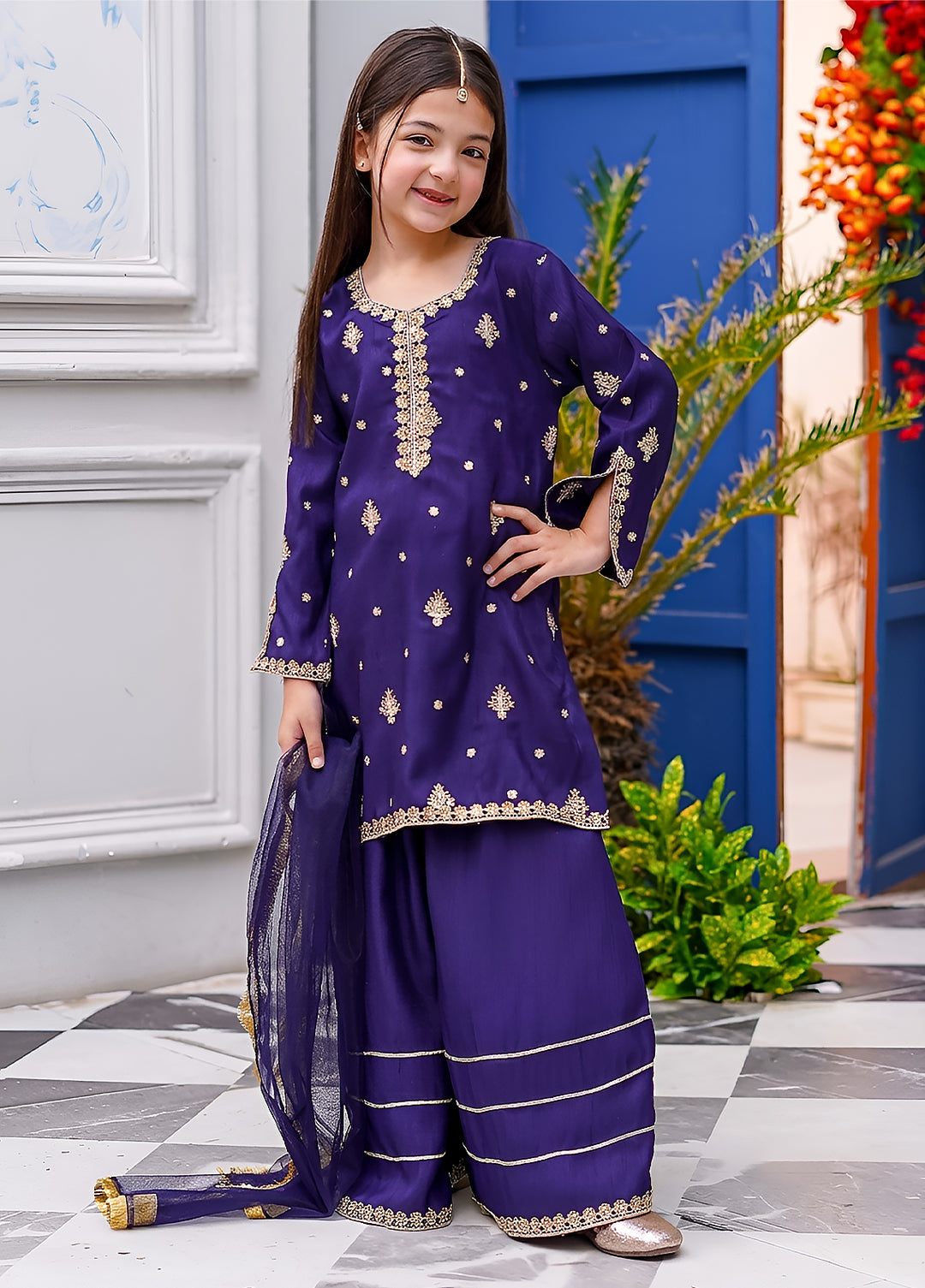 Modest Girls RTW Embroidered Silk 3 Piece Suit Blue Gharara Wedding Collection