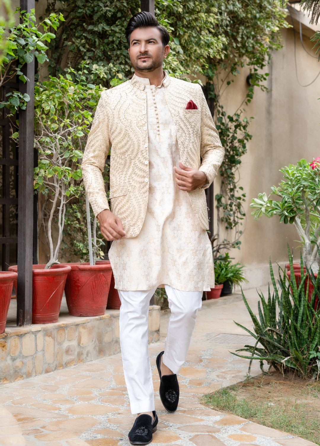Zarrar by Edge Republic Mens RTW Embroidered Blended Cotton 3 Piece Suit Prince Coat ER 2071 Festive Collection