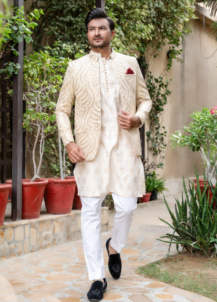 Zarrar by Edge Republic Mens RTW Embroidered Blended Cotton 3 Piece Suit Prince Coat ER 2071 Festive Collection