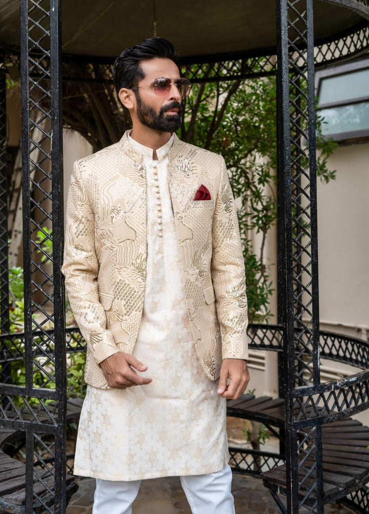 Zarrar by Edge Republic Mens RTW Embroidered Blended Cotton 3 Piece Suit Prince Coat ER 2073 Festive Collection