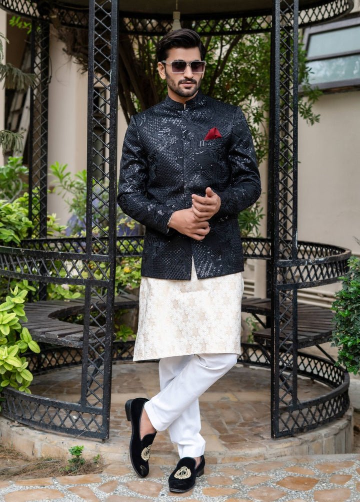 Zarrar by Edge Republic Mens RTW Embroidered Blended Cotton 3 Piece Suit Prince Coat ER 2090 Festive Collection