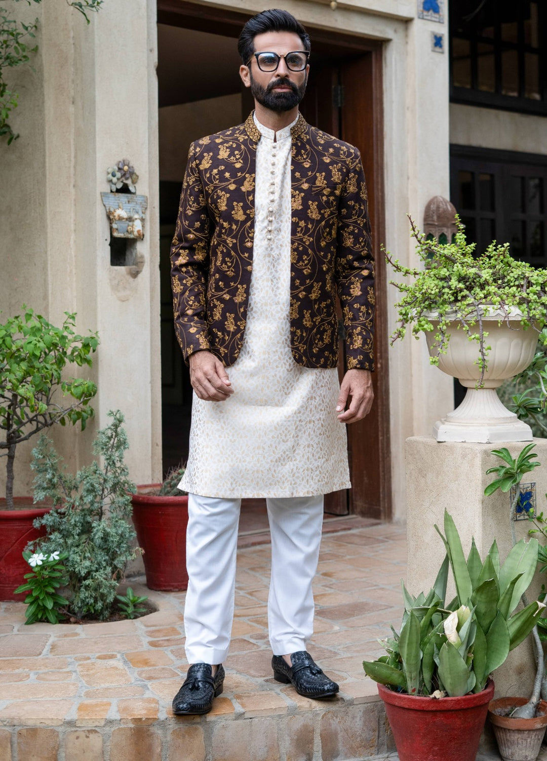 Zarrar by Edge Republic Mens RTW Embroidered Blended Cotton 3 Piece Suit Prince Coat ER 2080 Festive Collection