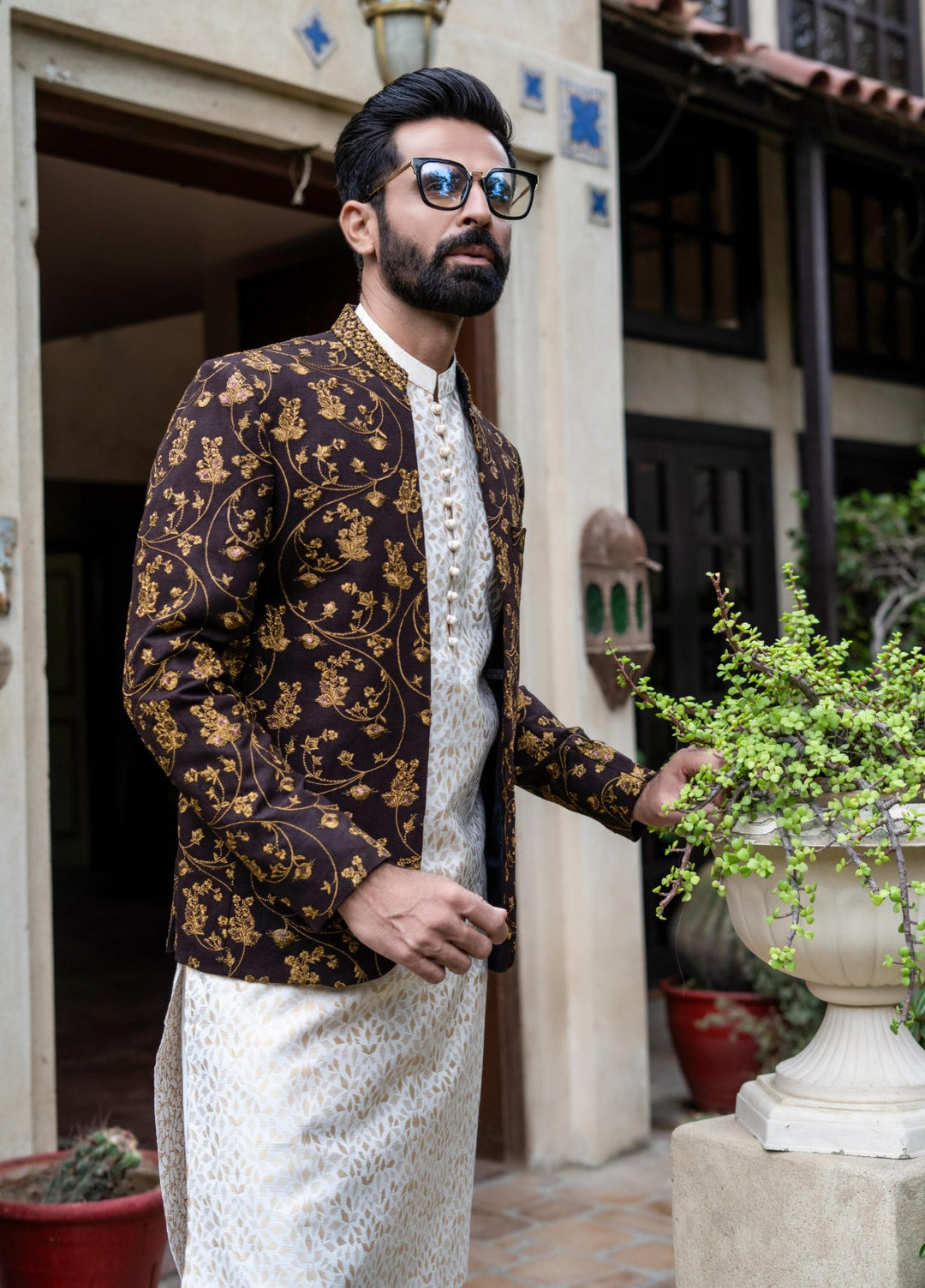 Zarrar by Edge Republic Mens RTW Embroidered Blended Cotton 3 Piece Suit Prince Coat ER 2080 Festive Collection